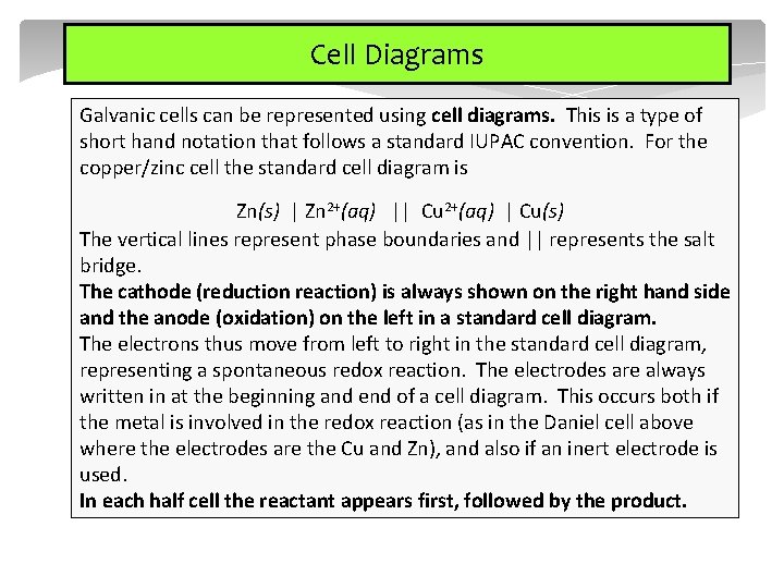 Cell Diagrams Galvanic cells can be represented using cell diagrams. This is a type