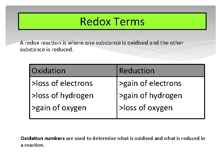 Redox Terms A redox reaction is where one substance is oxidised and the other