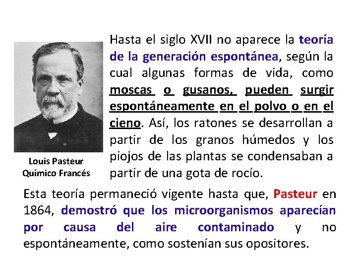 Hasta el siglo XVII no aparece la teoría de la generación espontánea, según la