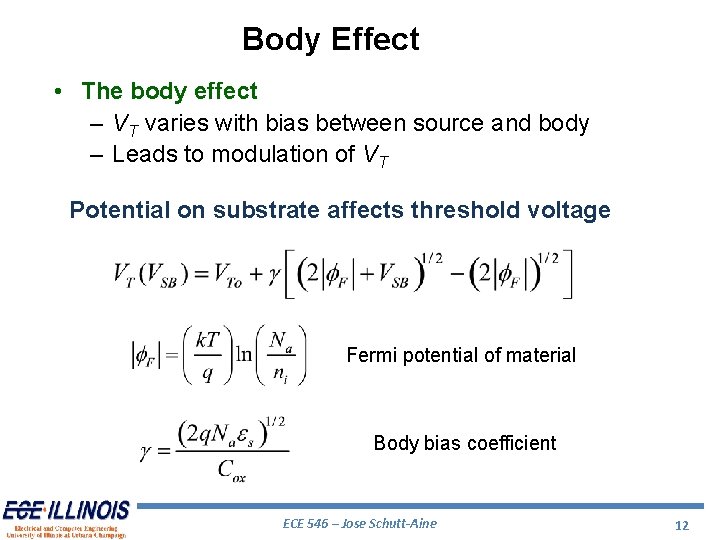 Body Effect • The body effect – VT varies with bias between source and