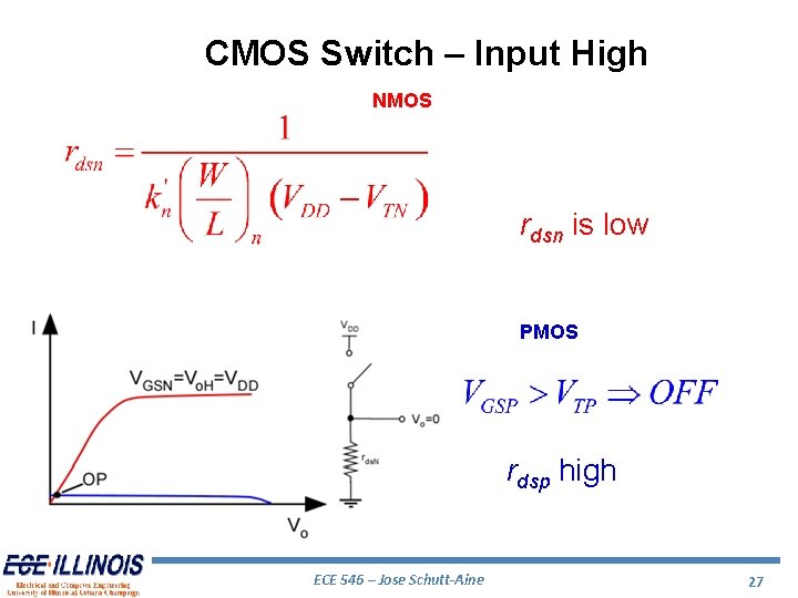 CMOS Switch – Input High NMOS rdsn is low PMOS rdsp high ECE 546