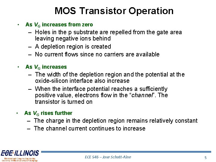 MOS Transistor Operation • As VG increases from zero – Holes in the p