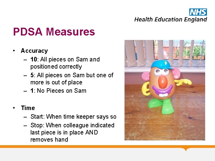 PDSA Measures • Accuracy – 10: All pieces on Sam and positioned correctly –