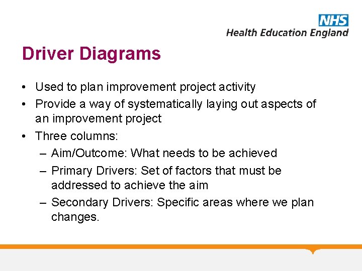 Driver Diagrams • Used to plan improvement project activity • Provide a way of