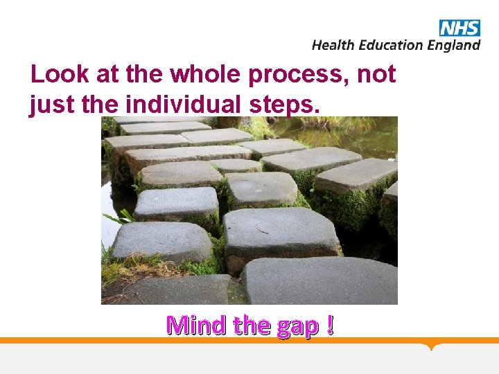 Look at the whole process, not just the individual steps. Mind the gap !