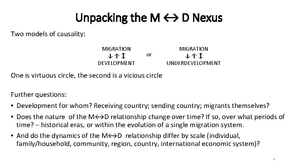 Unpacking the M ↔ D Nexus Two models of causality: MIGRATION ↓ ↑ ↕
