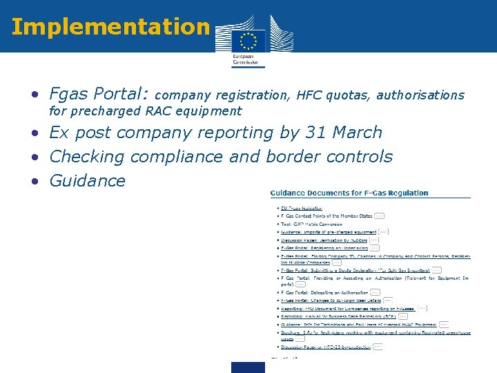 Implementation • Fgas Portal: company registration, HFC quotas, authorisations for precharged RAC equipment •