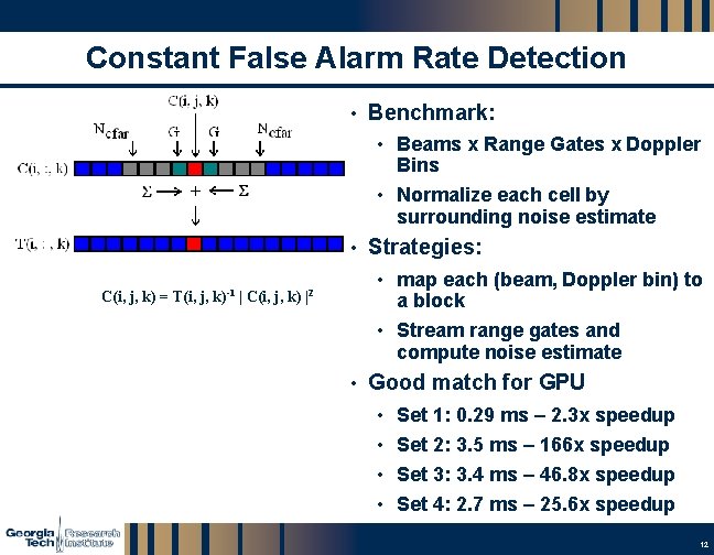 Constant False Alarm Rate Detection • Benchmark: • Beams x Range Gates x Doppler