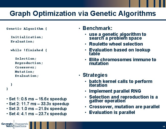 Graph Optimization via Genetic Algorithms Genetic Algorithm { Initialization; Evaluation; while !finished { Selection;