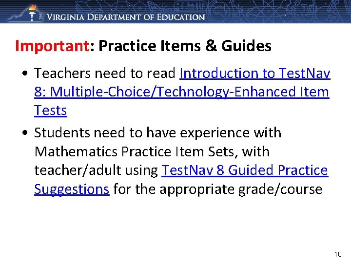 Important: Practice Items & Guides • Teachers need to read Introduction to Test. Nav