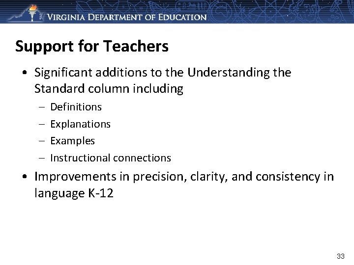 Support for Teachers • Significant additions to the Understanding the Standard column including –
