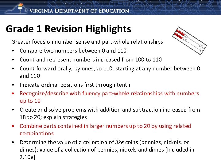 Grade 1 Revision Highlights Greater focus on number sense and part-whole relationships • Compare