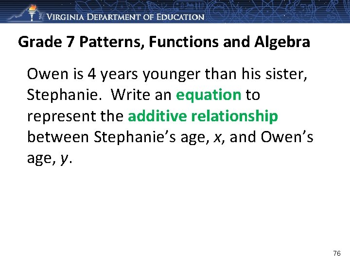 Grade 7 Patterns, Functions and Algebra Owen is 4 years younger than his sister,