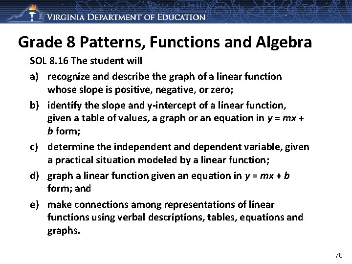 Grade 8 Patterns, Functions and Algebra SOL 8. 16 The student will a) recognize