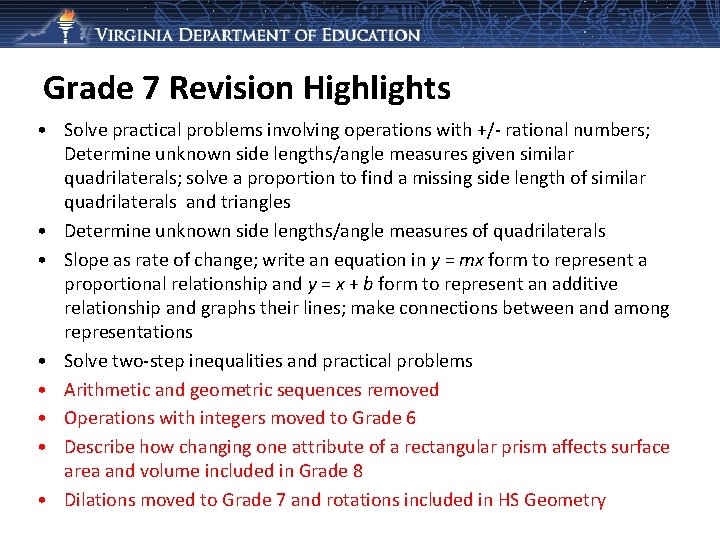 Grade 7 Revision Highlights • Solve practical problems involving operations with +/- rational numbers;