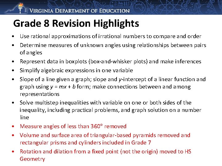 Grade 8 Revision Highlights • Use rational approximations of irrational numbers to compare and