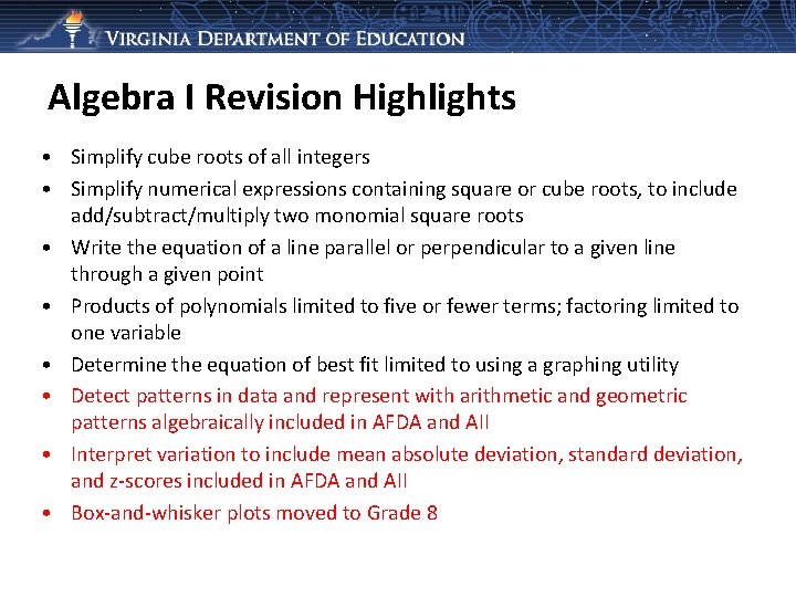Algebra I Revision Highlights • Simplify cube roots of all integers • Simplify numerical