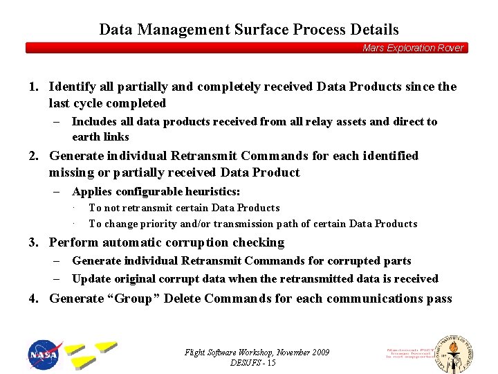 Data Management Surface Process Details Mars Exploration Rover 1. Identify all partially and completely