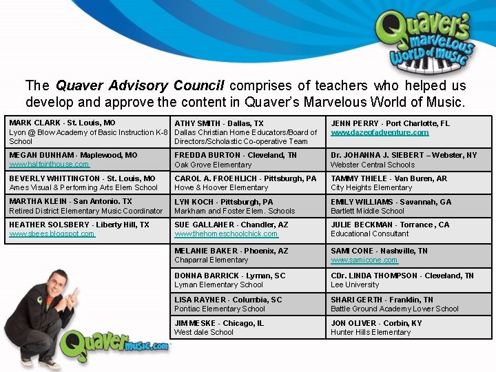 The Quaver Advisory Council comprises of teachers who helped us develop and approve the