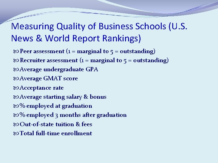 Measuring Quality of Business Schools (U. S. News & World Report Rankings) Peer assessment