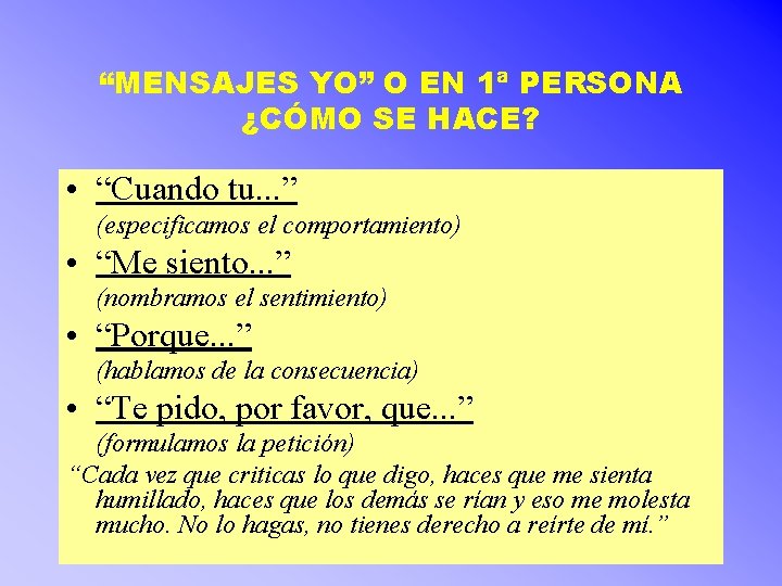 “MENSAJES YO” O EN 1ª PERSONA ¿CÓMO SE HACE? • “Cuando tu. . . “MENSAJES YO” O EN 1ª PERSONA ¿CÓMO SE HACE? • “Cuando tu. . .