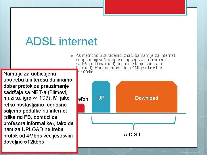 ADSL internet 2 Asimetrično u skraćenici znači da nam je za internet neophodniji veći