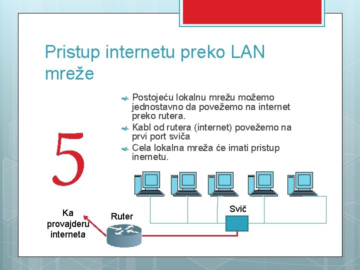 Pristup internetu preko LAN mreže 5 Ka provajderu interneta Postojeću lokalnu mrežu možemo jednostavno