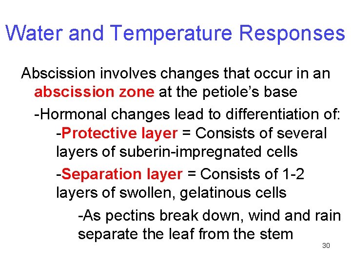 Water and Temperature Responses Abscission involves changes that occur in an abscission zone at