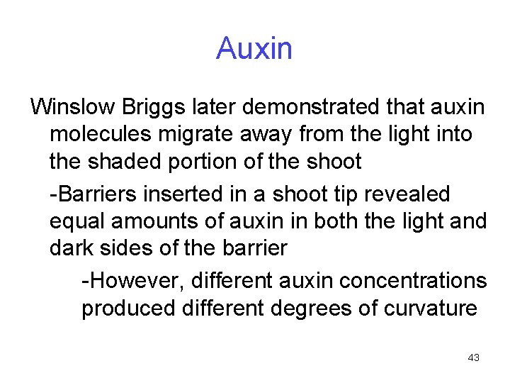 Auxin Winslow Briggs later demonstrated that auxin molecules migrate away from the light into
