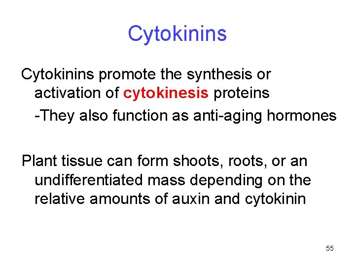 Cytokinins promote the synthesis or activation of cytokinesis proteins -They also function as anti-aging