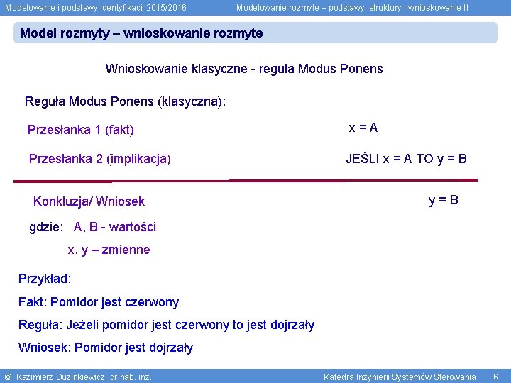 Modelowanie i podstawy identyfikacji 2015/2016 Modelowanie rozmyte – podstawy, struktury i wnioskowanie II Model