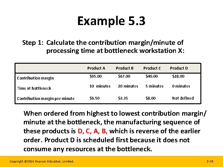 Example 5. 3 Step 1: Calculate the contribution margin/minute of processing time at bottleneck Example 5. 3 Step 1: Calculate the contribution margin/minute of processing time at bottleneck