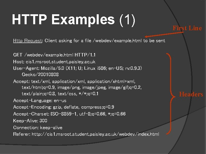 HTTP Examples (1) First Line Http Request: Client asking for a file /webdev/example. html