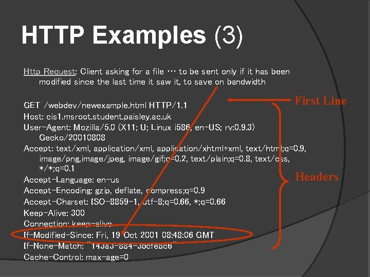 HTTP Examples (3) Http Request: Client asking for a file … to be sent