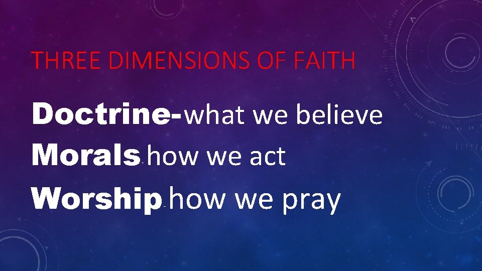 THREE DIMENSIONS OF FAITH Doctrine- what we believe Morals how we act Worship how