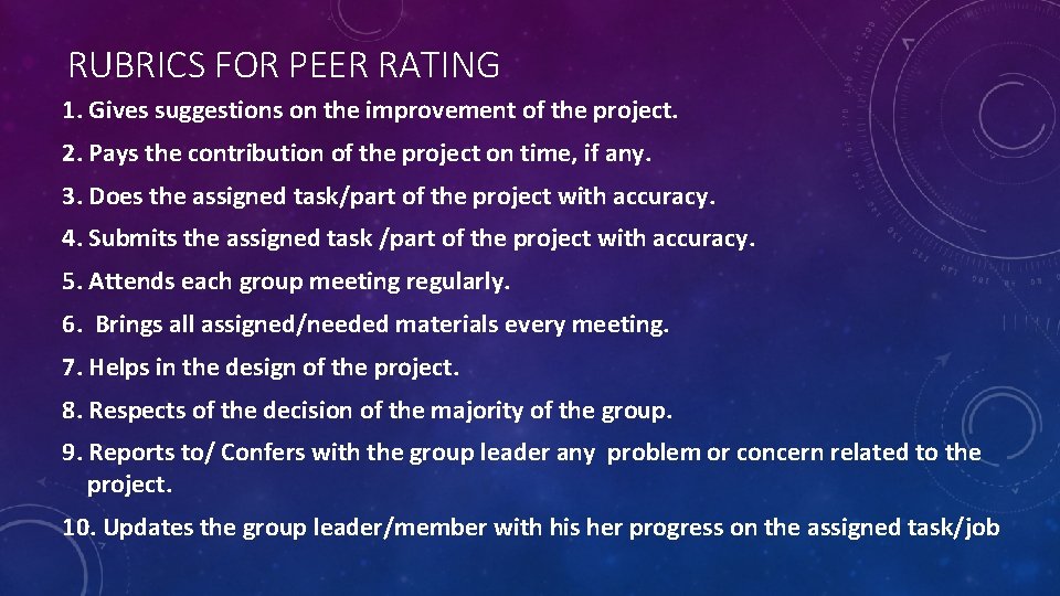 RUBRICS FOR PEER RATING 1. Gives suggestions on the improvement of the project. 2.