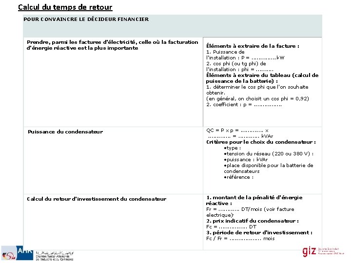 Calcul du temps de retour POUR CONVAINCRE LE DÉCIDEUR FINANCIER Prendre, parmi les factures