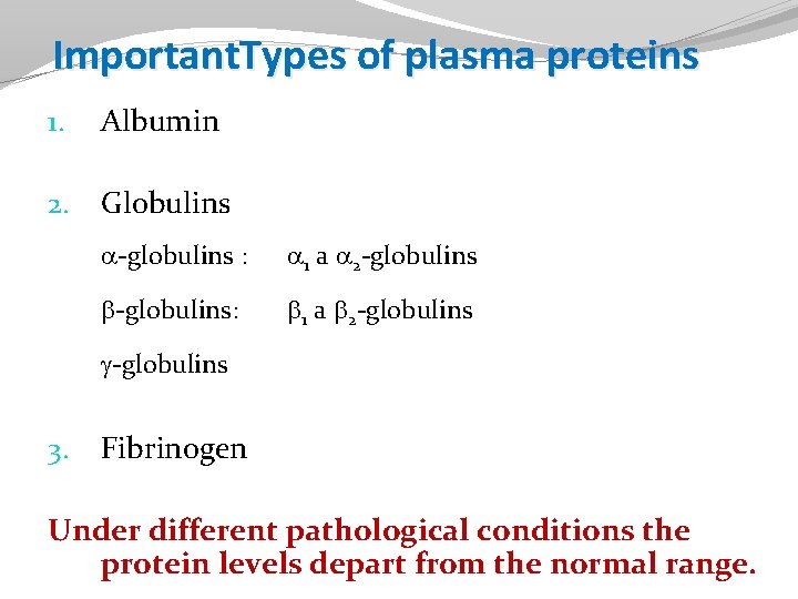 Important. Types of plasma proteins 1. Albumin 2. Globulins a-globulins : a 1 a