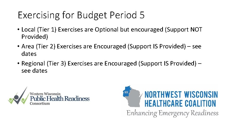 Exercising for Budget Period 5 • Local (Tier 1) Exercises are Optional but encouraged