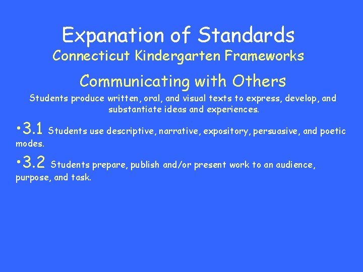 Expanation of Standards Connecticut Kindergarten Frameworks Communicating with Others Students produce written, oral, and