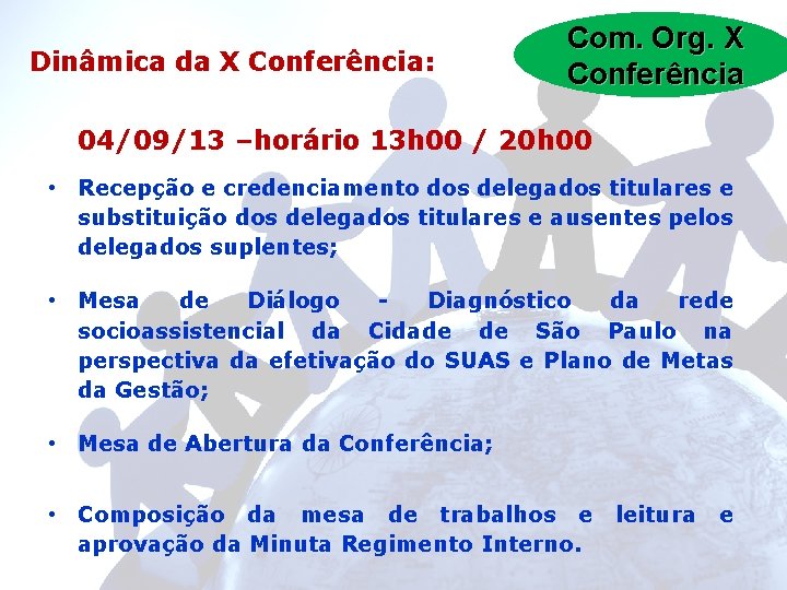 Dinâmica da X Conferência: Com. Org. X Conferência 04/09/13 –horário 13 h 00 /