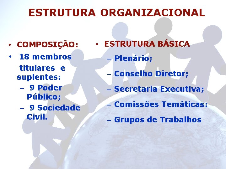 ESTRUTURA ORGANIZACIONAL • COMPOSIÇÃO: • 18 membros titulares e suplentes: – 9 Poder Público;