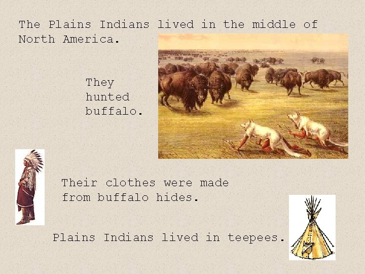 The Plains Indians lived in the middle of North America. They hunted buffalo. Their The Plains Indians lived in the middle of North America. They hunted buffalo. Their