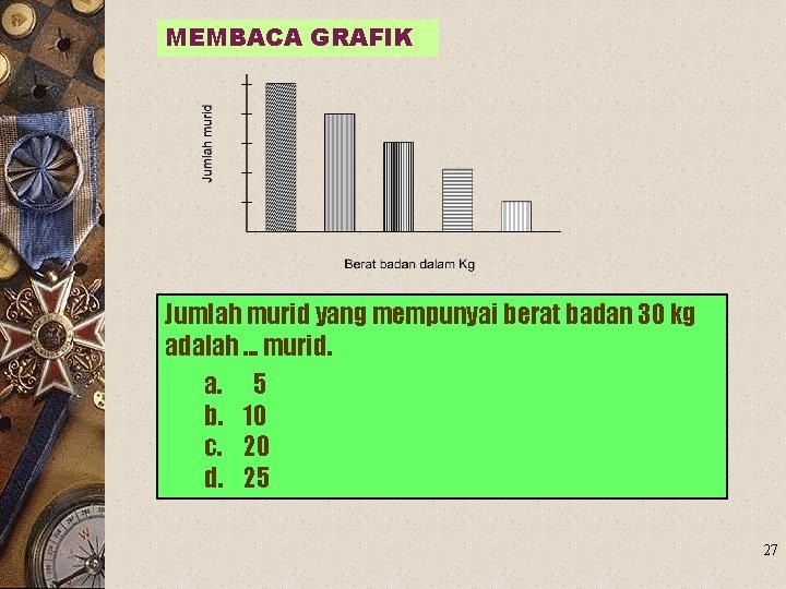 MEMBACA GRAFIK Jumlah murid yang mempunyai berat badan 30 kg adalah. . . murid.