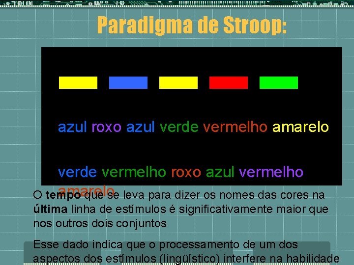 Paradigma de Stroop: azul roxo azul verde vermelho amarelo verde vermelho roxo azul vermelho