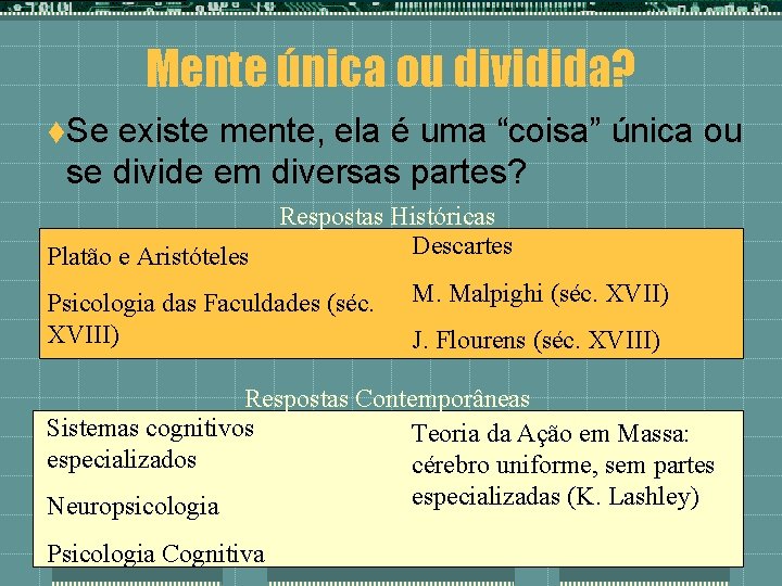 Mente única ou dividida? t. Se existe mente, ela é uma “coisa” única ou