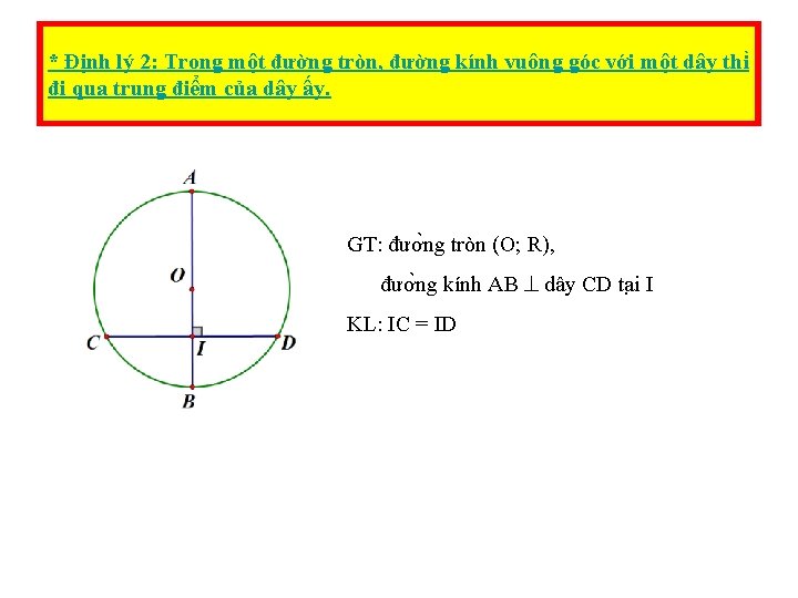 * Định lý 2: Trong một đường tròn, đường kính vuông góc với một