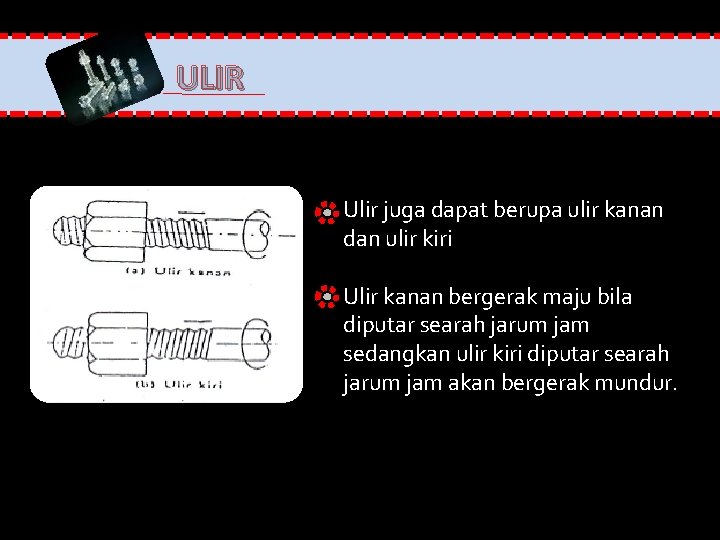 ULIR Ulir juga dapat berupa ulir kanan dan ulir kiri Ulir kanan bergerak maju