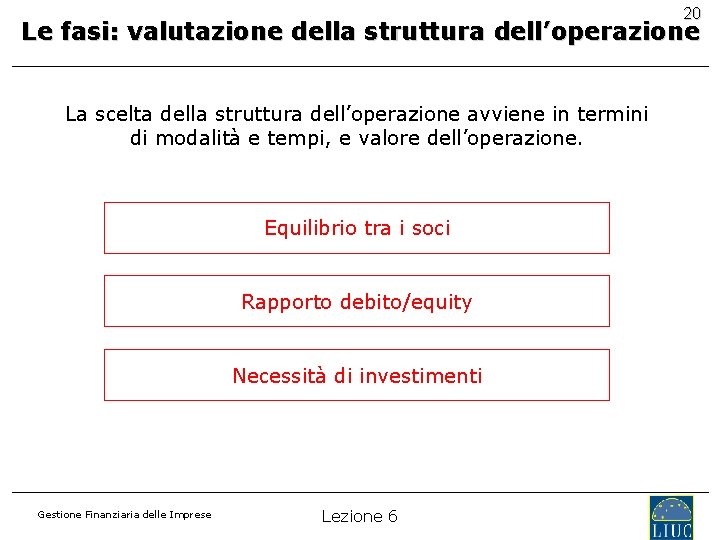 20 Le fasi: valutazione della struttura dell’operazione La scelta della struttura dell’operazione avviene in