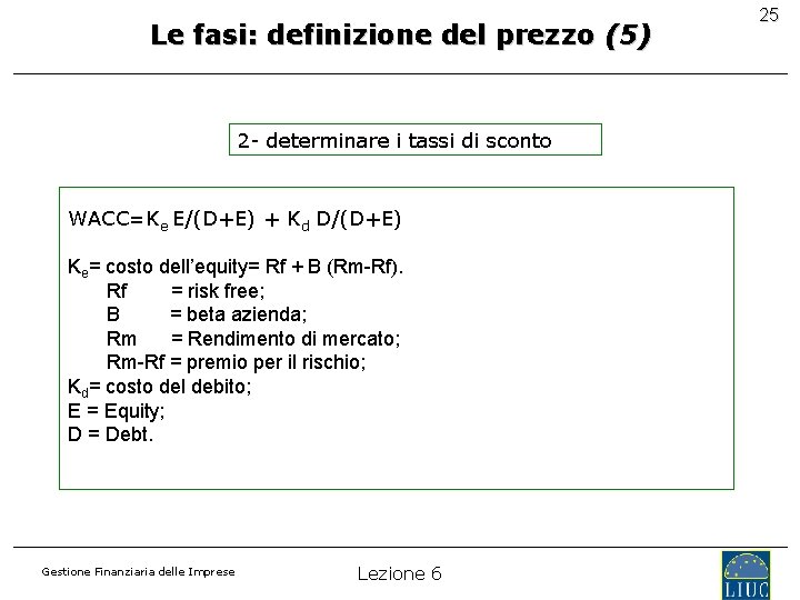 Le fasi: definizione del prezzo (5) 2 - determinare i tassi di sconto WACC=Ke